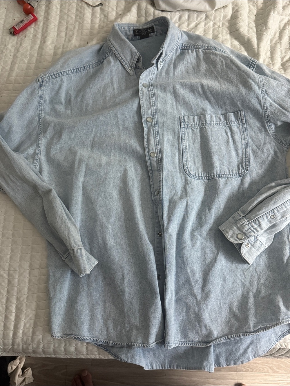 Structure Light Blue Denim Button-Down Shirt with Chest Pocket